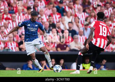 Noni Madueke de l'Arsenal FC avec le ballon lors du match MD1 de l'UEFA Champions League 2025/26 entre l'Athletic Club et l'Arsenal FC à Estad Banque D'Images
