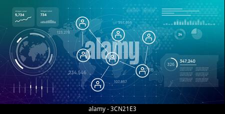 Tableau de bord numérique futuriste avec un réseau connecté d'icônes de personnes sur une carte du monde représente les réseaux de médias sociaux de communication humaine globale Illustration de Vecteur