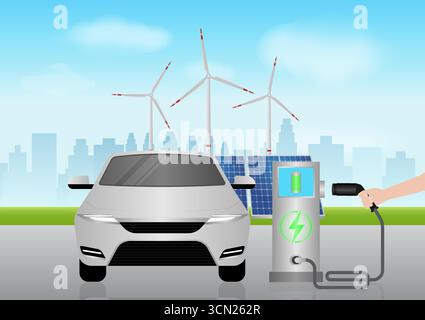 Recharge de voiture électrique ou de voiture électrique à la station de charge. Green Energy ou Eco-Friendly concept. Illustration vectorielle. Illustration de Vecteur