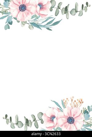 Modèle de carte anémone et eucalyptus. Cadre carré vertical, bordure avec tanaisie jaune sèche et épillets de blé ou de seigle. Aquarelle dessinée à la main Banque D'Images