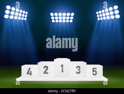 Podium du vainqueur sportif pour cinq places sur le terrain de football dans le stade ou le Sport Arena. Podiums sport sur pied. Stand du vainqueur du podium. Illustration vectorielle. Illustration de Vecteur