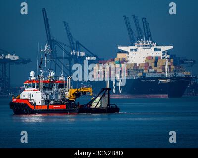 Dragage portuaire au port de Felixstowe. Shoalbuster Siskin remorqueur au travail de dragage dans le port de Felixstowe, le port de conteneurs le plus fréquenté du Royaume-Uni. Banque D'Images