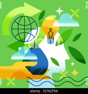 Tête humaine abstraite avec goutte d'eau, globe, main, ampoule, feuilles et nuages. Illustration géométrique plate vectorielle. Concept créatif pour l'environnement Illustration de Vecteur