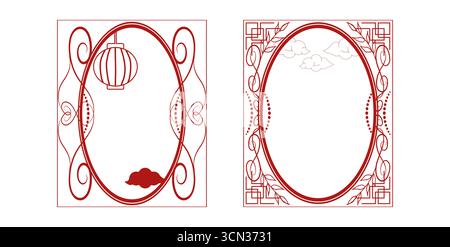 Ensemble de cadres du nouvel an chinois éléments traditionnels. Ornements décoratifs asiatiques chinois japonais et coréen. Modèle Design flyer de bannière de carte de voeux et histoires de médias sociaux. Illustration vectorielle. Illustration de Vecteur