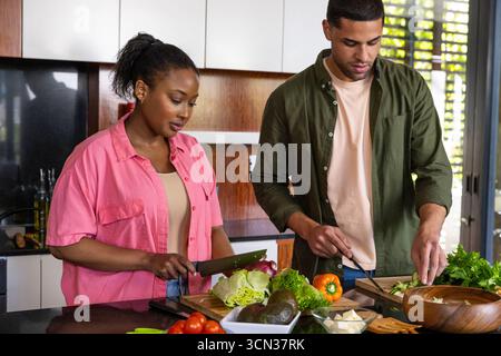 Couple diversifié hachant la laitue et tranchant le concombre sur des planches à découper en bois dans la cuisine Banque D'Images
