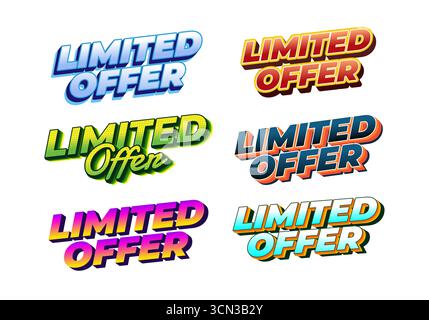 Une collection de six motifs colorés et stylisés représentant l'expression offre limitée. Chaque conception a un style de police et un schéma de couleurs uniques, showc Illustration de Vecteur