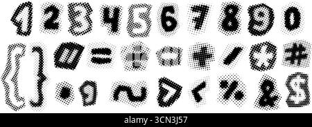 Numéros et symboles de demi-teintes noirs. Signes et caractères de ponctuation pixellisés rétro. Pack style comique pop art. Paquet de pointillés grunge rastérisé. Jeu de typographies de journaux bitmap vieillis. Vecteur Illustration de Vecteur