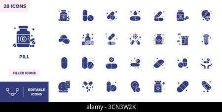 Ultime collection de 28 icônes vectorielles représentant pilule dans l'esthétique remplie de glyphe, optimisée avec 128x128 PIXELS résolution parfaite pour un impact maximal Illustration de Vecteur