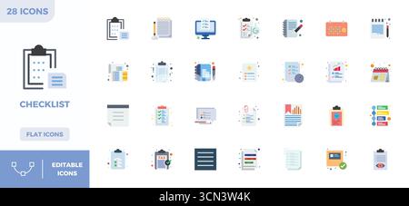 Collection de qualité professionnelle de 28 icônes vectorielles colorées plates représentant Checklist, conçue avec une précision parfaite de 128x128 PIXELS pour l'application d'entreprise Illustration de Vecteur