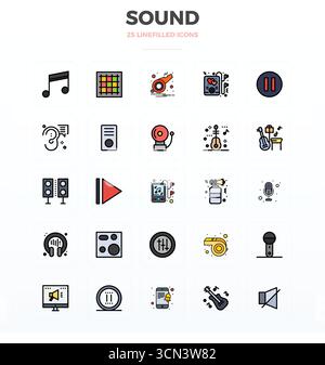 Paquet complet de 25 icônes vectorielles sur le thème du son, présentant un design Flat Line rempli en 128x128 PIXELS DE qualité parfaite pour les interfaces modernes. Illustration de Vecteur