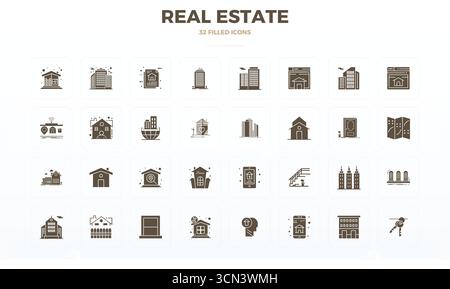 Un ensemble dynamique de 32 icônes vectorielles en Glyph rempli, adapté pour l'immobilier avec 128x128 PIXELS DE qualité parfaite adapté aux produits numériques. Illustration de Vecteur