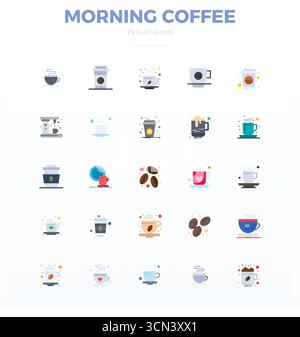 Ensemble d'icônes vectorielles parfaites de 25 PIXELS plats sur le thème du café du matin, conçues en résolution 128x128 pour une intégration transparente dans les applications et les sites Web. Illustration de Vecteur