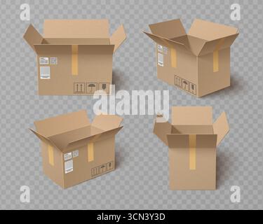 Collection de boîtes en carton avec dessus ouvert - conteneurs d'expédition bruns avec rabats et ruban adhésif, symboles de manipulation sur fond transparent. Maquettes d'emballage réalistes pour les présentations de livraison ou de stockage. Illustration de Vecteur