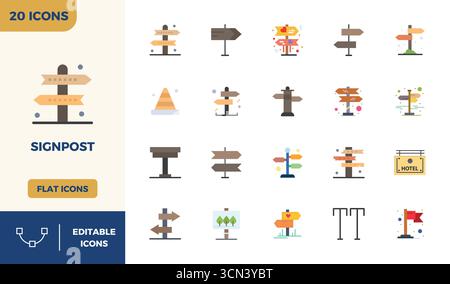Paquet complet de 20 icônes vectorielles sur le thème de Signpost, présentant un design coloré plat en 128x128 PIXELS DE qualité parfaite pour les interfaces modernes. Illustration de Vecteur