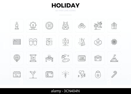 Pack distinctif d'icônes vectorielles parfaites de 28 PIXELS inspirées par Holiday, conçues en format Thin Line à 128x128 pour des expériences de marque mémorables. Illustration de Vecteur