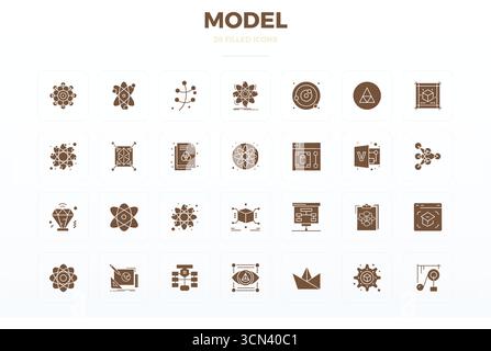 Paquet complet de 28 icônes vectorielles sur le thème du modèle, présentant la conception remplie de glyphe en 128x128 PIXELS DE qualité parfaite pour les interfaces modernes. Illustration de Vecteur