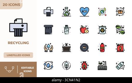 Paquet complet de 20 icônes vectorielles sur le thème du recyclage, présentant la conception Lineal Color Filled en 128x128 PIXELS DE qualité parfaite pour l'interfa moderne Illustration de Vecteur