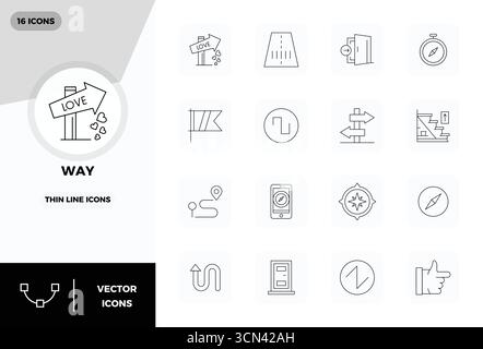 Pack essentiel d'icônes vectorielles parfaites de 16 PIXELS pour Way au format Slim Line, dimensionné à 128x128 pour des performances et une évolutivité optimales. Illustration de Vecteur