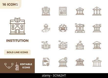 Collection contemporaine de 16 icônes vectorielles représentant l'institution dans l'esthétique Bold Line, avec 128x128 PIXELS résolution parfaite pour appl moderne Illustration de Vecteur
