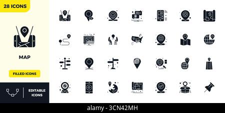 Ultime collection de 28 icônes vectorielles représentant Map in Glyph Filled esthétique, optimisée avec 128x128 PIXELS résolution parfaite pour un impact maximal. Illustration de Vecteur