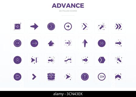 Icônes vectorielles parfaites de 28 PIXELS intelligemment conçues inspirées par Advance, créées en format Glyph rempli à 128x128 pour une conception intelligente et efficace WOR Illustration de Vecteur