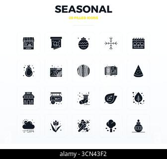 Ensemble complet comprenant 20 icônes vectorielles dans la conception remplie de glyphe pour la saison, livré dans une qualité parfaite 128x128 PIXELS. Illustration de Vecteur