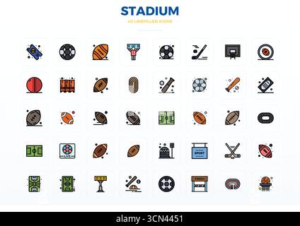 Pack leader de l'industrie de 40 icônes vectorielles pleines de PIXEL Flat Line parfaites pour Stadium, dimensionnées à 128x128 pour un rendu optimal et une interface utilisateur excellente Illustration de Vecteur