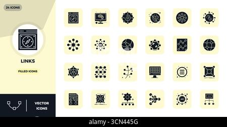 Un ensemble polyvalent de 24 icônes vectorielles parfaites de PIXELS remplis de glyphes axées sur les liens, livrés dans un format 128x128 net idéal pour les applications mobiles et Web Illustration de Vecteur