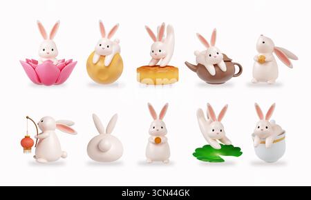Fête de la lune avec de jolies figurines de lapin dans diverses poses. Illustration de rendu 3D. Banque D'Images