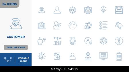 Découvrez un ensemble de 24 icônes vectorielles Thin Outline conçues pour le thème Customer, avec des designs parfaits 128x128 PIXELS idéaux pour les projets UI / UX modernes Illustration de Vecteur