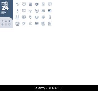 Découvrez un ensemble de 24 icônes vectorielles Bold Line conçues pour le thème Digital Display, avec des designs parfaits 128x128 PIXELS idéaux pour les proj UI / UX modernes Illustration de Vecteur
