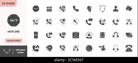 Ultime collection de 32 icônes vectorielles représentant Hotline dans une esthétique remplie de glyphes, optimisée avec 128x128 PIXELS résolution parfaite pour un maximum d'imp Illustration de Vecteur