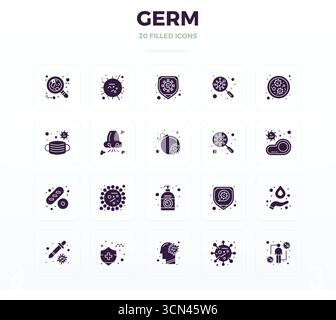 Bundle stratégique avec 20 icônes vectorielles représentant le germe au format Glyph rempli, optimisé avec 128x128 PIXELS DE qualité parfaite pour WOR professionnel Illustration de Vecteur