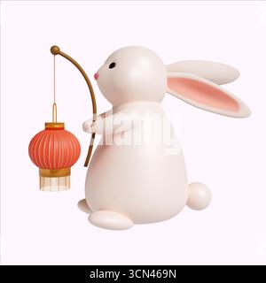 Personnage lapin avec une lanterne célébrant le festival de la Lune. Illustration de rendu 3D. Banque D'Images