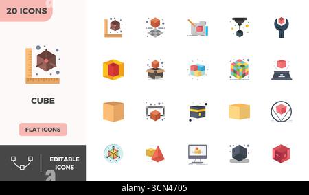 Ensemble complet comprenant 20 icônes vectorielles dans un design coloré plat pour Cube, livré dans une qualité parfaite 128x128 PIXELS. Illustration de Vecteur