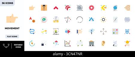 Ensemble simplifié de 36 icônes vectorielles pour le mouvement dans une esthétique colorée plate, avec une résolution parfaite de 128x128 PIXELS pour une expérience utilisateur transparente. Illustration de Vecteur