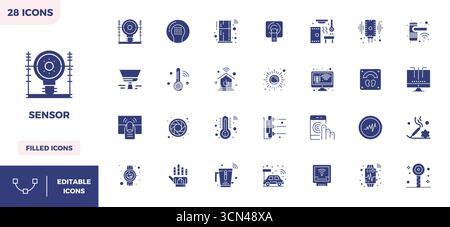 Ensemble simplifié de 28 icônes vectorielles pour capteur en esthétique remplie de glyphes, avec une résolution parfaite de 128x128 PIXELS pour une expérience utilisateur transparente. Illustration de Vecteur
