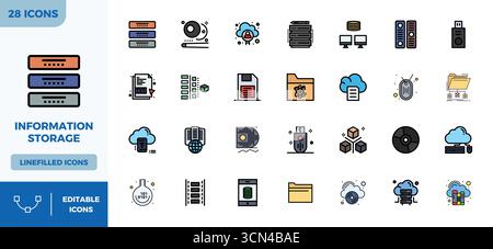 Cette collection comprend 28 icônes vectorielles pleines de PIXELS DE couleur linéaire parfaites adaptées au thème du stockage d'informations, optimisées au format 128x128 pour Illustration de Vecteur
