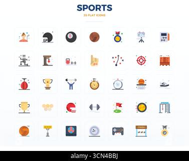 Icônes vectorielles parfaites de 35 PIXELS plats conçues par des experts pour le sport, conçues à une résolution de 128 x 128 pour une intégration et des performances sans faille. Illustration de Vecteur