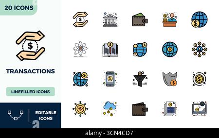 Ensemble simplifié de 20 icônes vectorielles pour les transactions dans l'esthétique Lineal Color Filled, avec 128x128 PIXELS résolution parfaite pour une exp utilisateur transparente Illustration de Vecteur