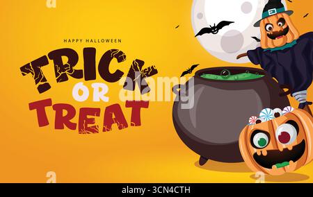 Bannière d'Halloween effrayante avec citrouille sorcière, Chaudron, boules oculaires de bonbons et Trick or Treat Text Illustration de Vecteur