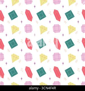 Motif coloré de pierres précieuses sans couture avec cristaux de dessin animé sur fond blanc Illustration de Vecteur