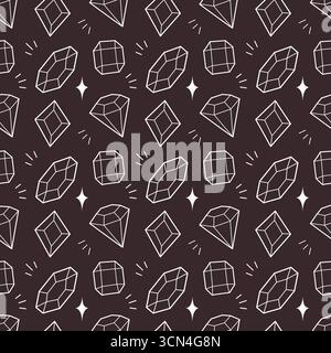 Motif de pierres précieuses sombres sans couture avec diamants et cristaux Line Art Illustration de Vecteur