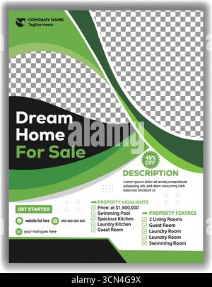 Maison créative à vendre Flyer | affiche de promotion d'entreprise immobilière moderne en vert et noir illustration vectorielle Illustration de Vecteur