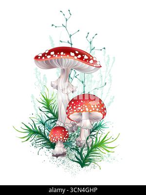 Composition de mousse verte, champignons agariques à mouche rouge artistiquement dessinés et plantes sauvages sur fond blanc. Style forêt. Illustration de Vecteur