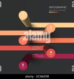 Un modèle d'infographie moderne et minimaliste en 5 étapes avec des cylindres 3D colorés avec des chiffres et des espaces réservés au texte qui les accompagnent. modèle infographique Illustration de Vecteur