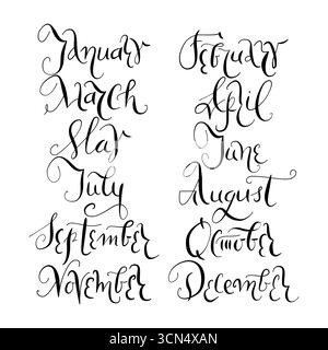 Ensemble de lettres de mois manuscrites vectorielles dans un style d'encre cursive, illustrations élégantes de calligraphie vectorielle pour les planificateurs et les calendriers. Année sur le Illustration de Vecteur