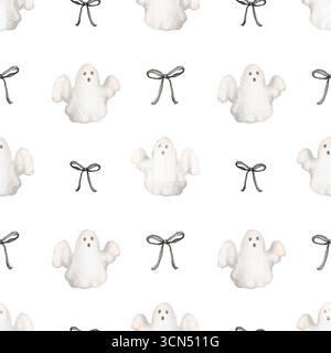 Motif sans couture fantôme d'Halloween avec noeud noir. Illustration aquarelle pour le textile, le papier d'emballage, le papier numérique, le papier peint et les projets de conception. Banque D'Images