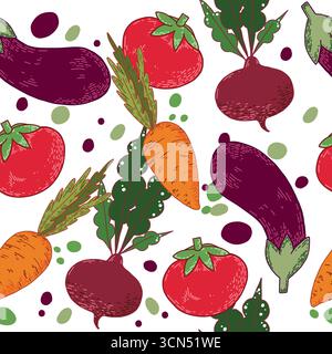 Modèle vectoriel sans couture de légumes saisonniers, aubergines, carottes, tomates rouges, betteraves, verts. Tous les objets sont dessinés à la main avec de l'encre, illustration pour Illustration de Vecteur