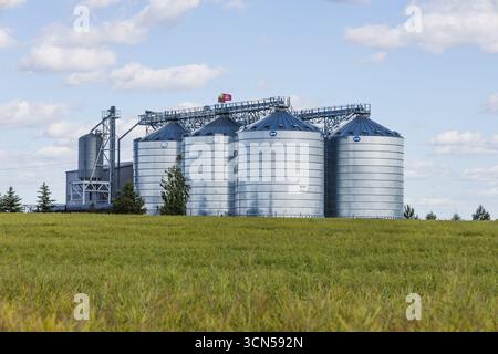 Silos à grains modernes sur la ferme rurale. Simnas, Lituanie, 1er juillet 2025 Banque D'Images